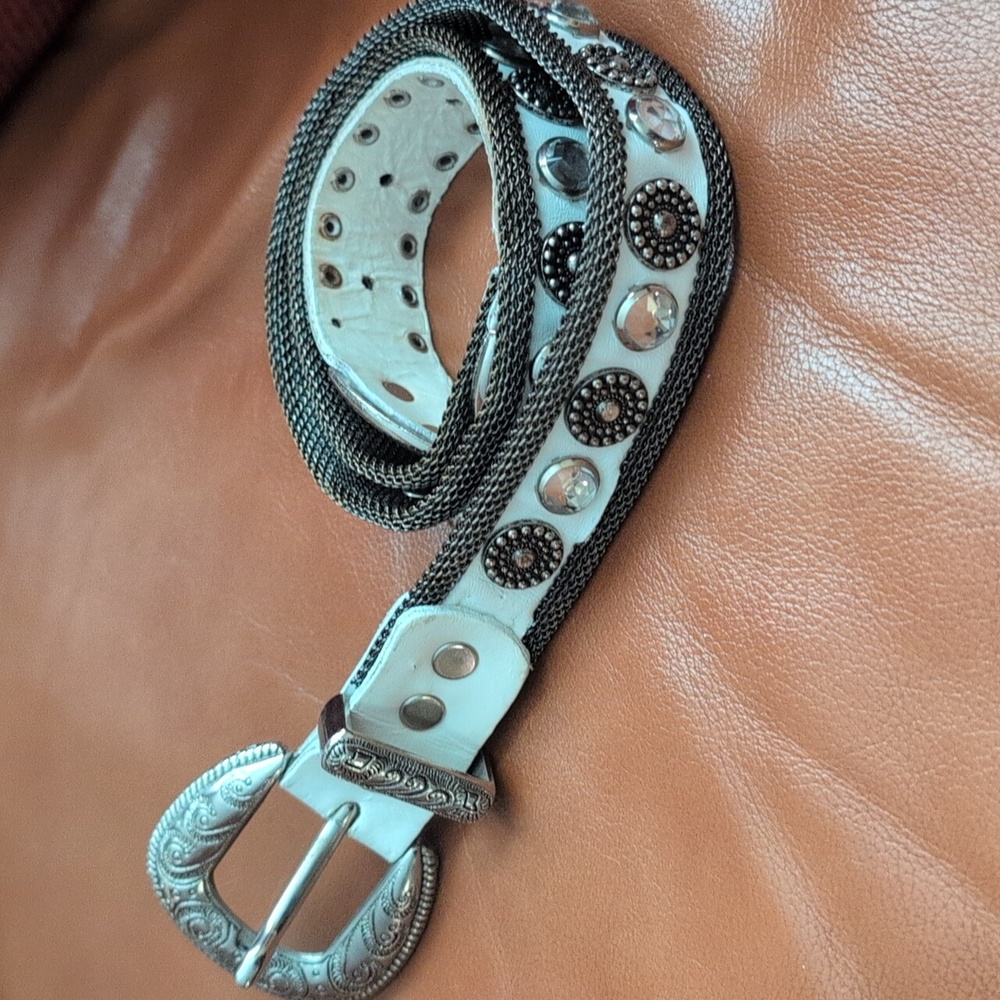 Vintage Usmeco Paris White Leather/ Mesh Studded Belt Small 33" Length